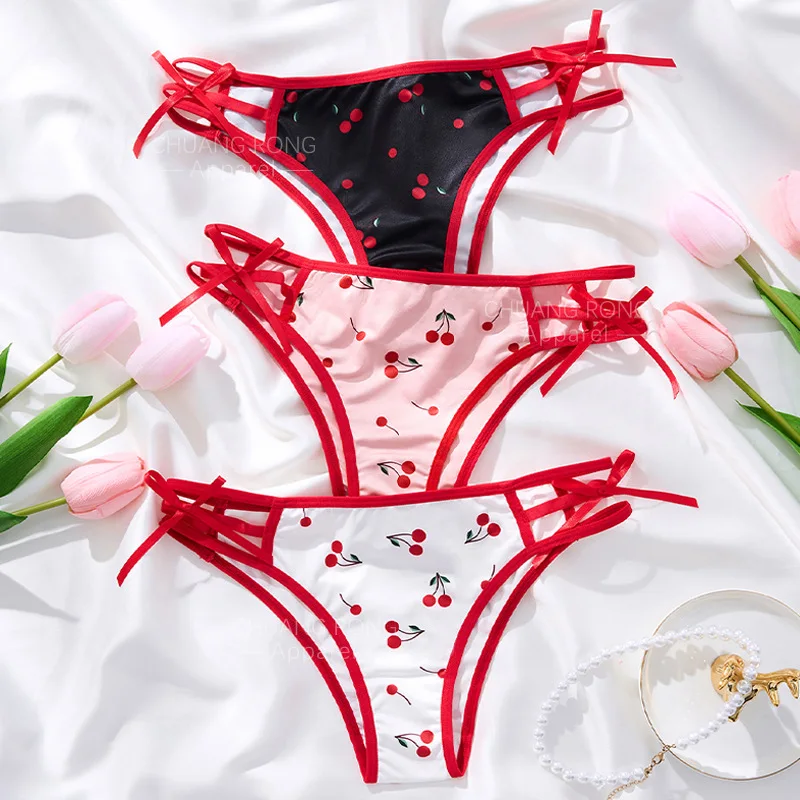 

Japanese Cherry Printed Briefs Thin Strap Panties for Women Low-Waist Red Bow Sweet Lingerie Breathable Girl Femme Underwears