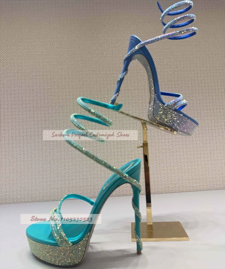 Bling Diamond Platform Heels Snake Twisted Crystal Wrap Around Ankle Strap Sandals High Stiletto Prom Evening Party Footwear