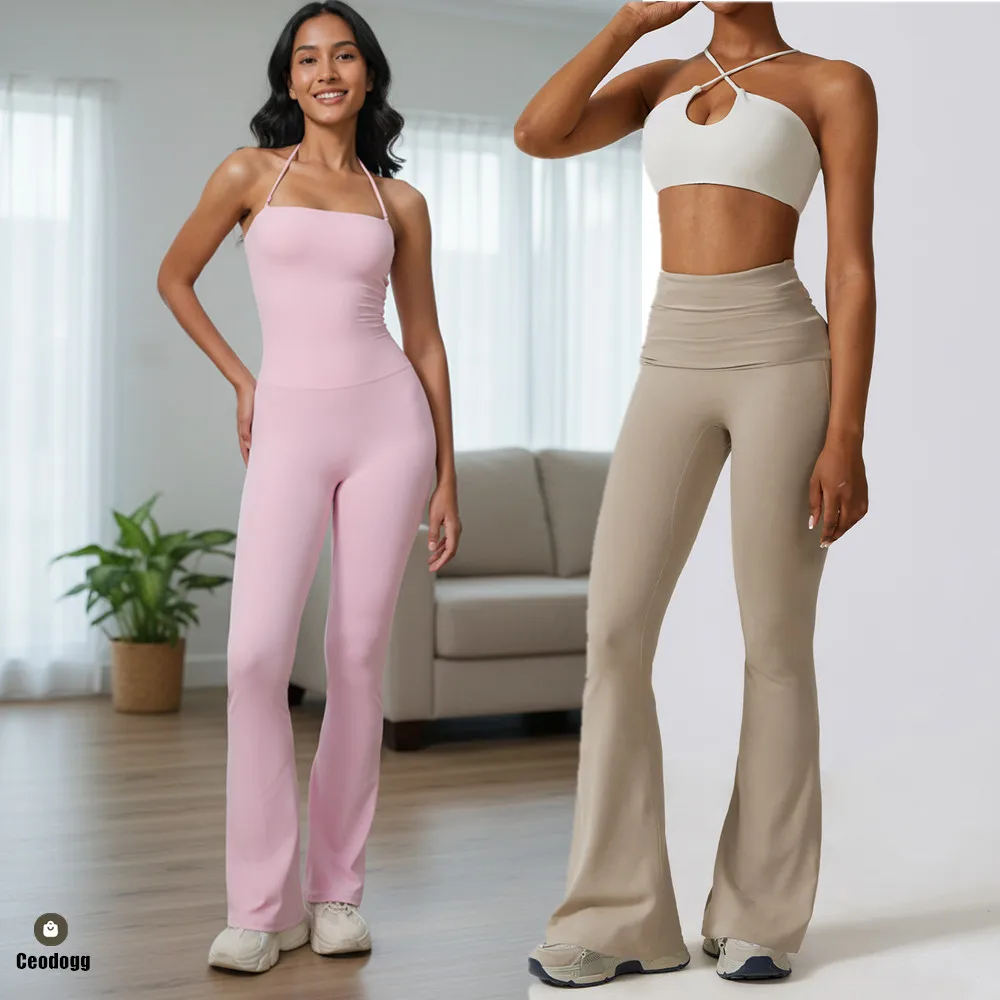 

Nude Can Folden Yoga Set One Piece Jumpsuit Outfit Gym Fitness Workout Clothes Women Sportwear Flare Legging Activewear XP28