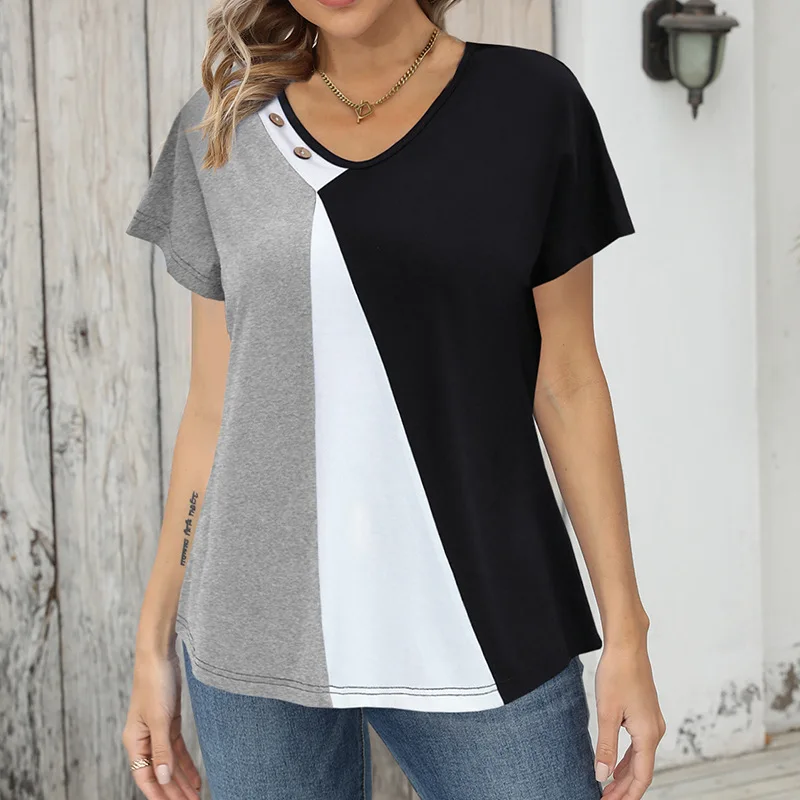 

Wholesale Summer New Women's Casual Button Top T-Shirt Loose Short Sleeve Solid Contrast Printing