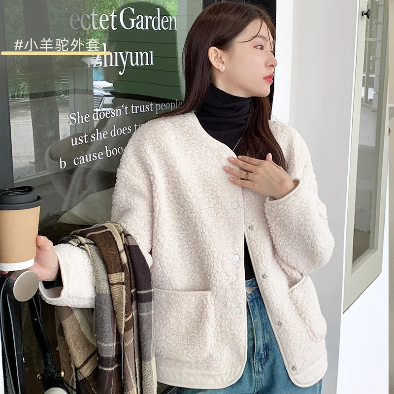 

Winter Women's Imitation Lamb Velvet Coat Japanese Solid Color Casual High-quality Single-breasted Loose Warm Outerwear Jacket