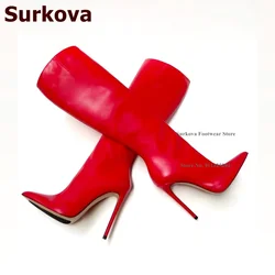 Surkova Red Black Matte Thin High Heel Over-the-knee Boots Pointed Toe Simple Model Fall Winter Outdoor Dress Shoes Size46