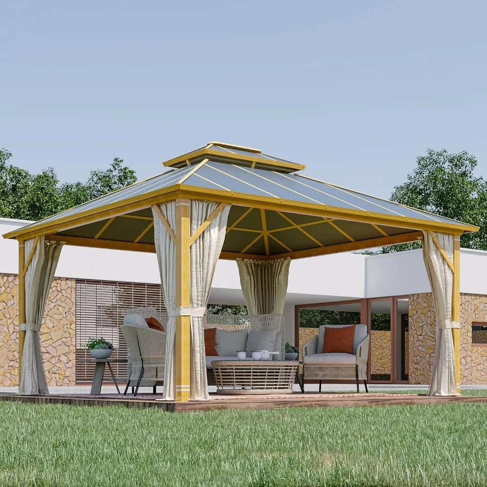 

12'x14' Gazebo, Outdoor Wood Grain Hardtop Gazebos on Clearance, Aluminum Composite Double Roof with Privacy Curtain and Mosqui