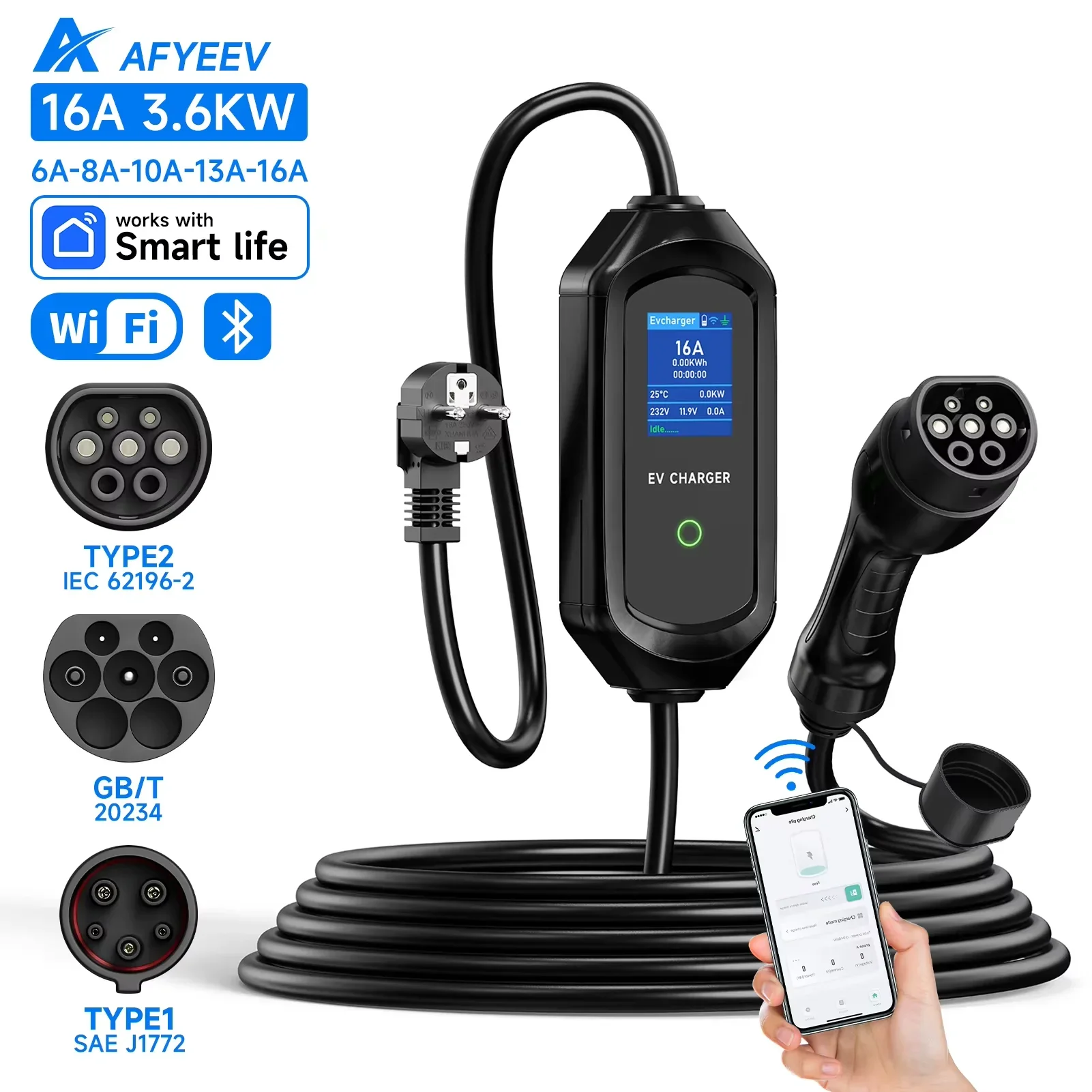 

AFYEEV 3600W Portable Type2 IEC62196-2 EV Charger Type1 SAE J1772 Electric Car Charger GBT EVSE Charging Cable Wallbox EU Plug