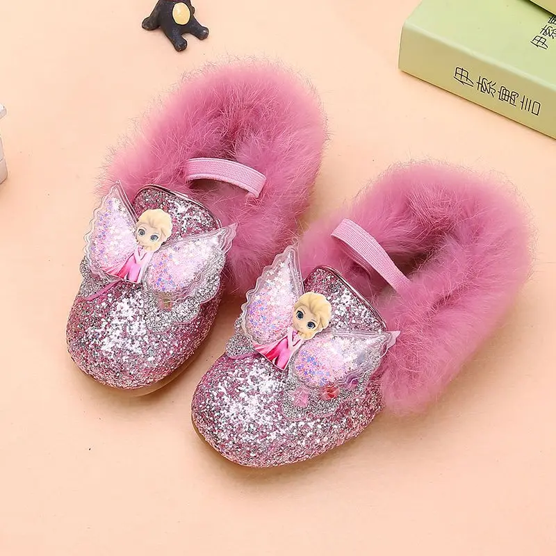 Disney Girls\' Shoes Plush Winter Casual Shoes Sequins Elsa Princess Shoes girls\' Cotton Shoes Soft Soles Flats Pink Blue Shoes