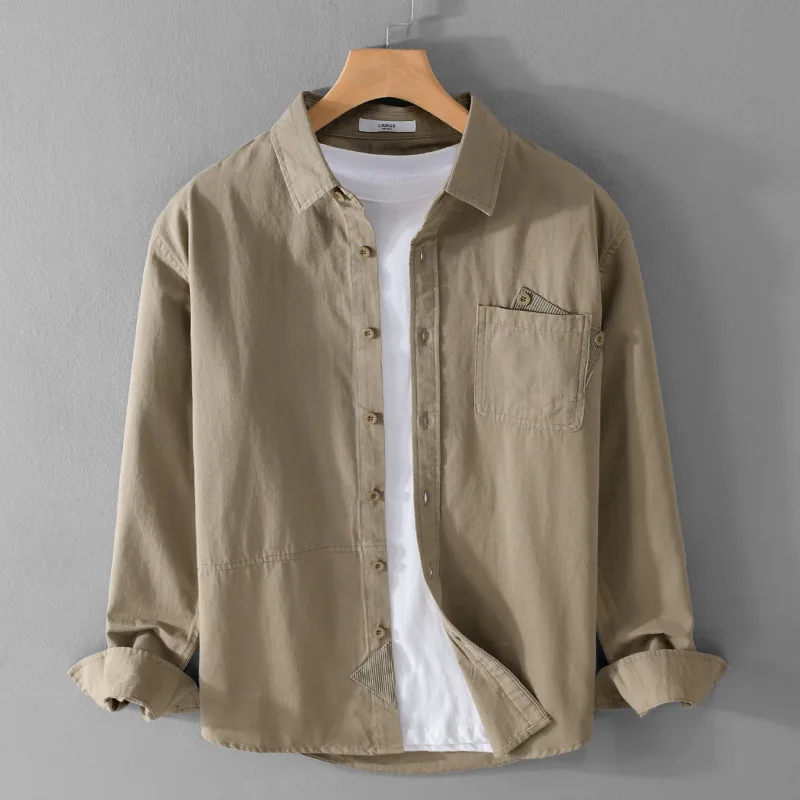 Men's Casual Long Sleeve Shirt Simple Design Spring Autumn Japanese Style Retro Workwear Jacket Pure Color Square Collar Loos...