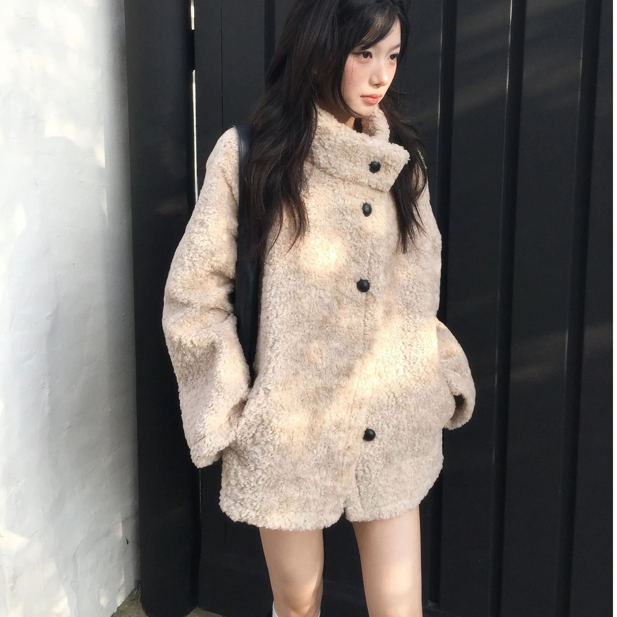 Damen Chic Vintage Stehkragen Warm Loose Fur Leder Inteated Herbst Winter Oberbekleidung Langer Sve Wollmantel