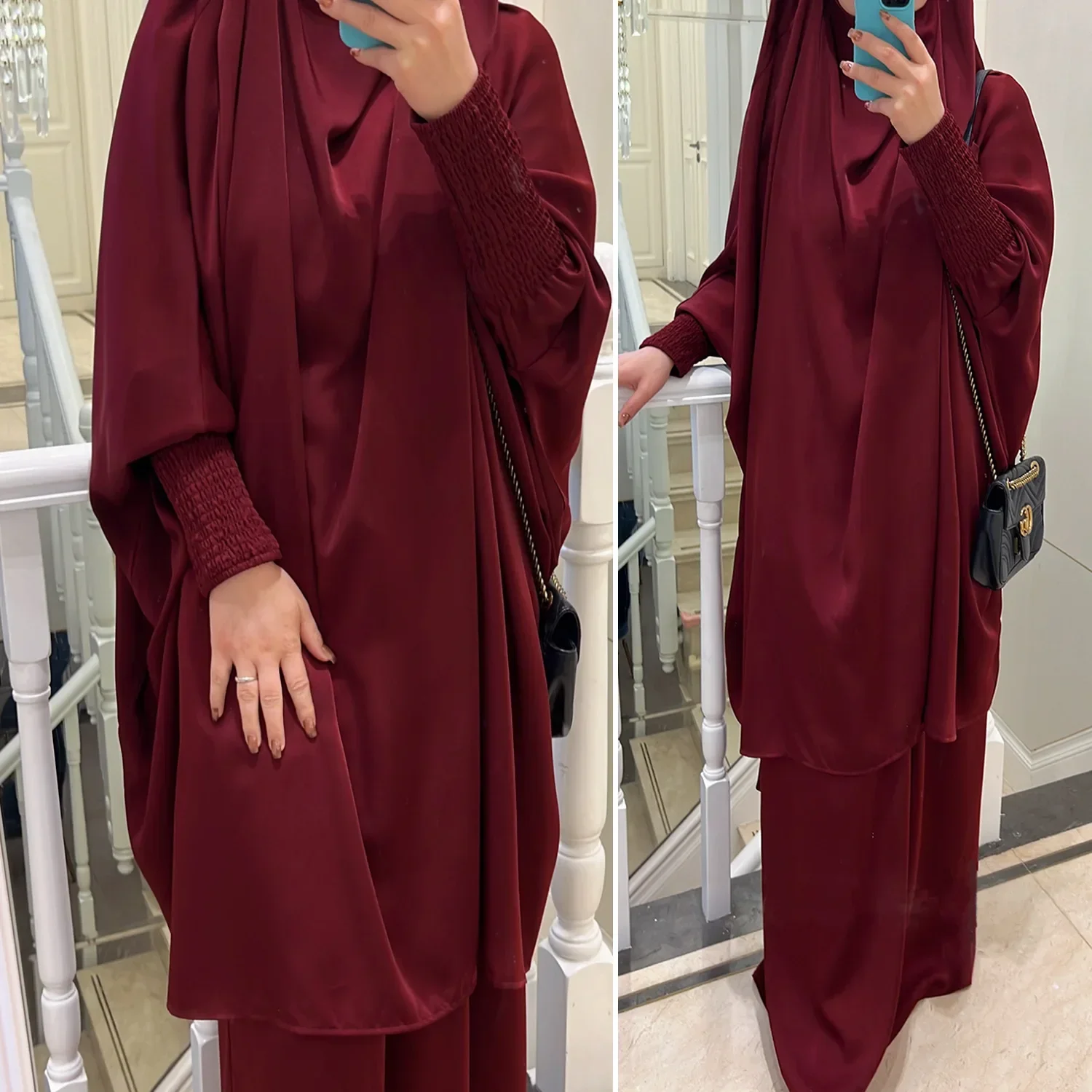 Satyna Abaya i Khimar zestaw dla kobiet Jilbab 2 sztuka islamska z kapturem Abayas Ramadan Eid muzułmańska modlitwa odzieży dubaj turcja Burqa