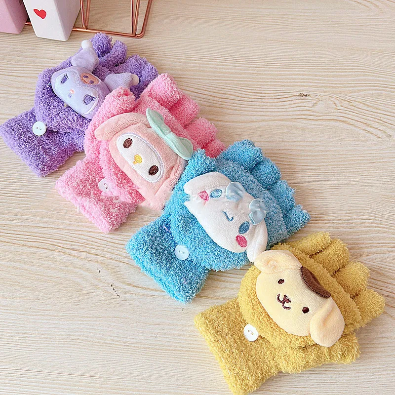 New Kawaii Sanrio Gloves Hello Kittys Cute Anime Half Finger Open Finger Cycling Flip Cover Short Section Warm Toy for Girl Gift