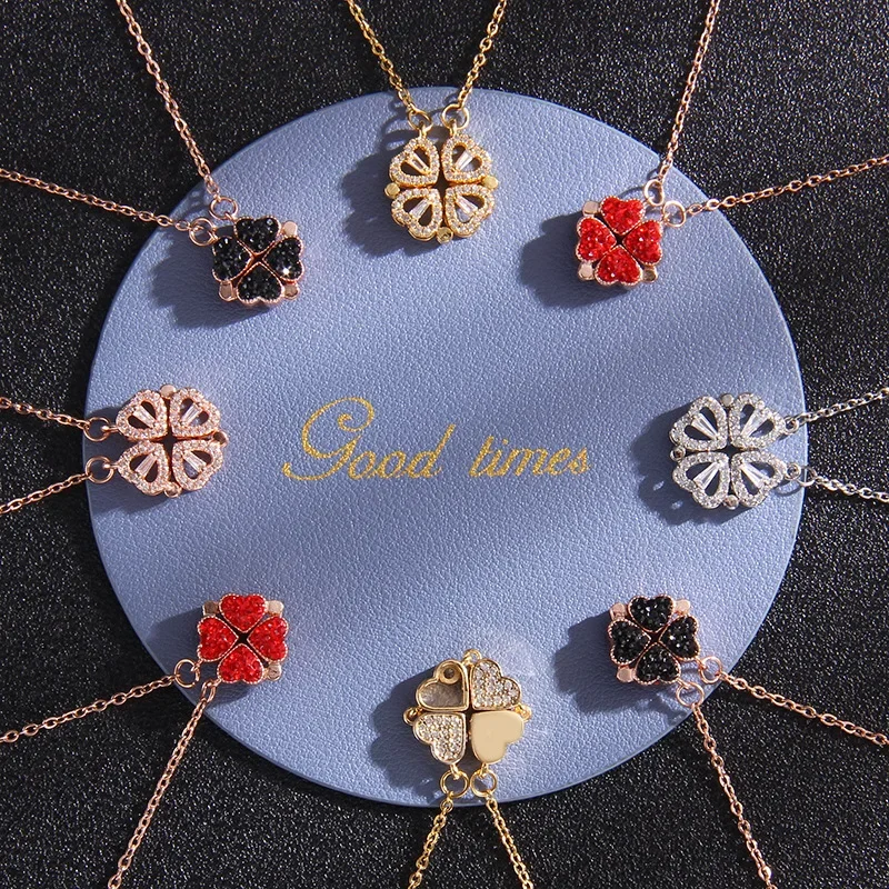Red Black Double Side Love Magnetic Pendant Necklace Ladies Clover Heart Shaped Clover Choker Lucky 4 In 1 Love Pendant Jewelry