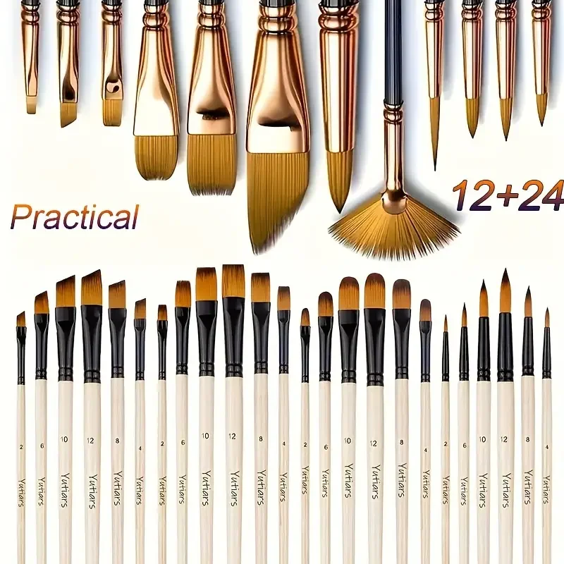 36pcs Premium Artist Paint Brush Set - Versatile Nylon Bristle Brushes For Acrylic, Oil & Watercolor - Includes Round, Filbert,