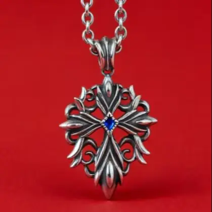 

S925 Sterling Silver Cross Necklace Men's Personality Hip-hop Fashion Silver Pendant Versatile Flame Cross Sweater Chain
