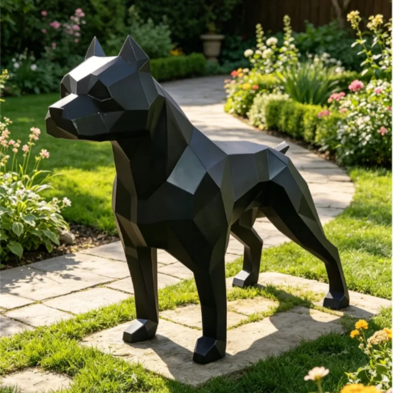 Life Size Geometric Pitbull Sculpture Outdoor Lawn Landscape Full Body Animal Floor Ornament Glossy Monochrome Facet Surface