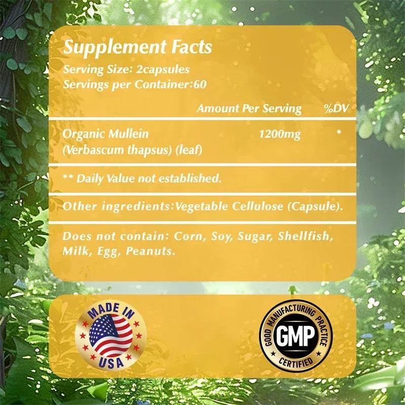 Mullein Leaf Capsules - for Lung Cleanse Helps Healthy Respiratory Function & Mucous Membranes Supplement