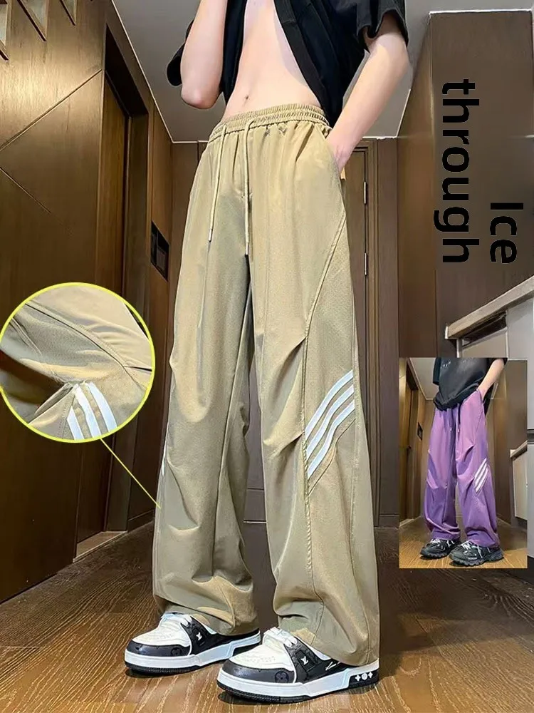 

Khaki American Tee Bars Ice Silk Casual Pants Men Summer Thin Qui Dry Pants Pleated Paratrooper Pants Straight Casual Pants