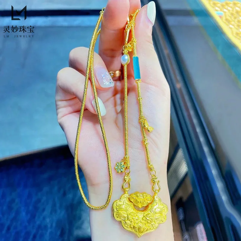 Jindian Same Style Ancient Style Carved Pisces Koi Lock Bag Necklace for Women Alluvial Gold999Ping An Golden Lock Pendant Sweat