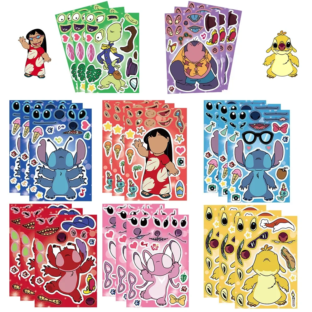 8Sheets Disney Cartoon Stitch Stickers Make A Face Puzzle Stickers Kids Make Your Own DIY Game Children Jigsaw Education Toys