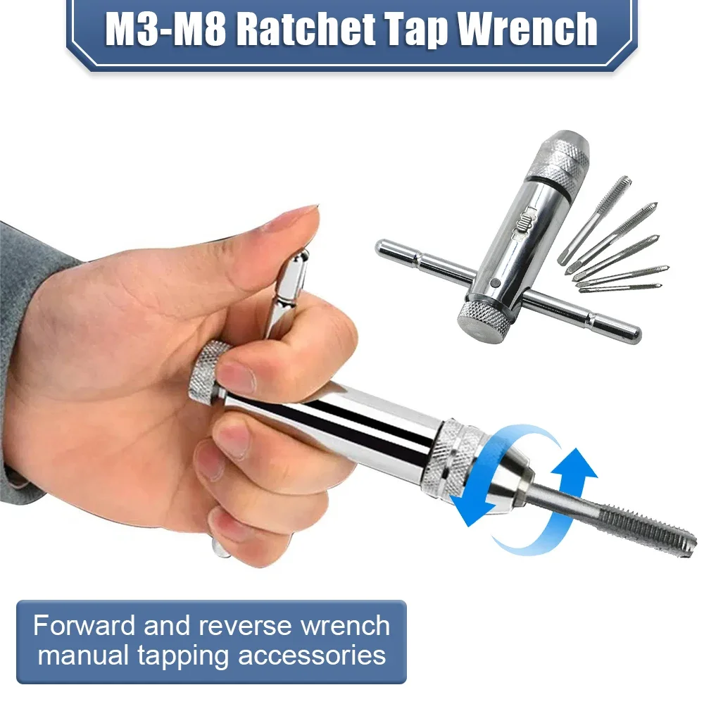 Silver Adjustable Ratchet Tap T-Handle Chuck Wrench with M3 M8 Machine Thread Metric Tap T-Tap Ratchet Wrench Set