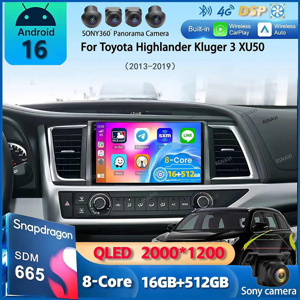Radio para Auto Android 16 para Toyota Highlander Kluger 3 XU50 2013 2014 - 2019, Reproductor Multimedia con Navegación GPS, WiFi+4G, Carplay