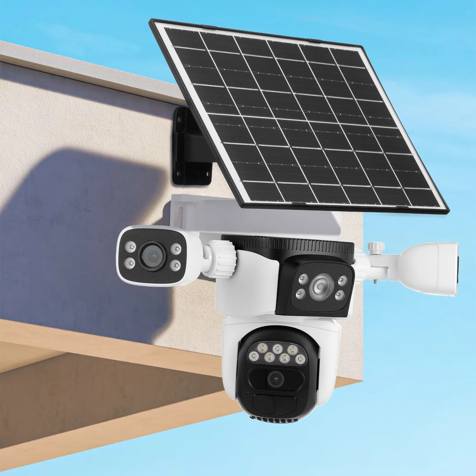 Zewnętrzna kamera bezpieczeństwa zasilana energią słoneczną WiFi Trzy obiektywy Noktowizor Czujnik PIR Bezprzewodowa Bez martwych polew Kamera solarna