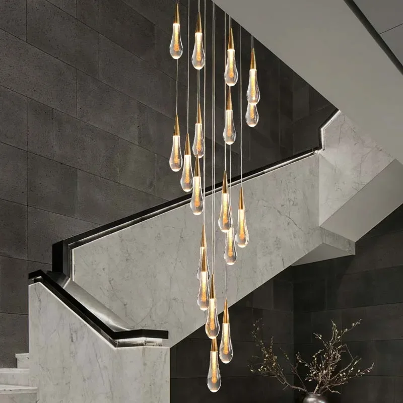 

Rain Drop Ceiling Chandelier Luxury Loft Villa Staircase Led Hanging Lamp Living Room Gold Indoor Decor Pendant Light Fixtures