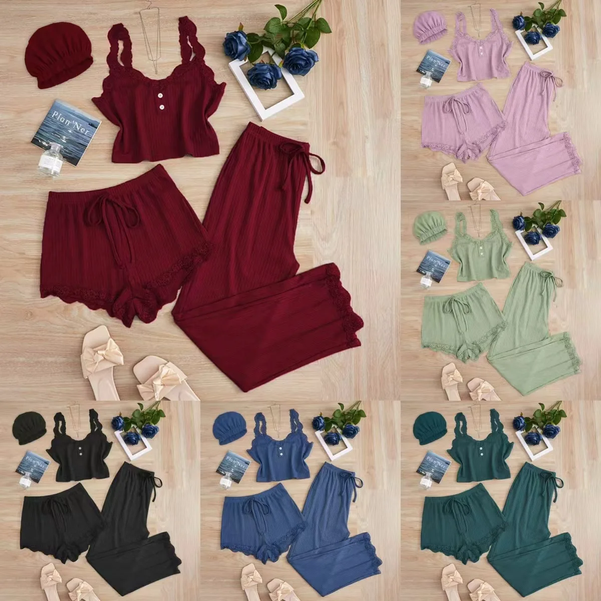 4 Pcs Striped Lounge Suit Camisole Shorts Trousers Nightcap Button Details Ruffled Edges Alluring Homewear Outfit Erotic Set