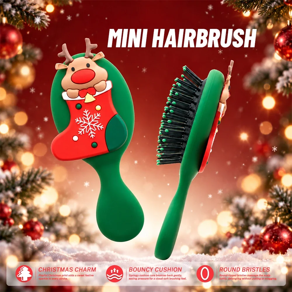 Christmas Reindeer-Themed 3D Cartoon Air-Cushion Hairbrush Scalp Massage Compact Portable Styling Tool Perfect Christmas Gift