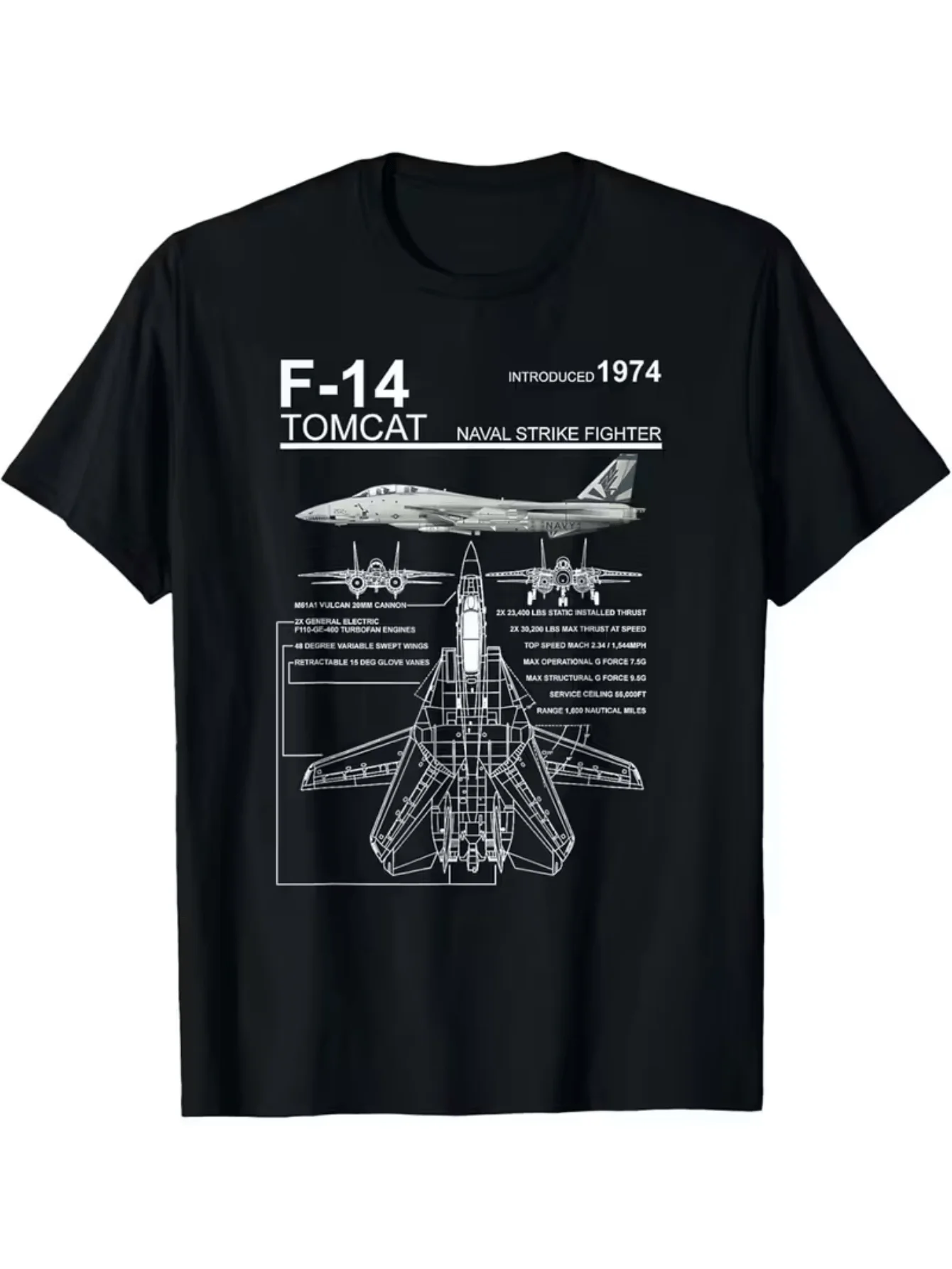 Fighter Jet Military T-Shirt, Warplane Parameter Line Drawing Print, Aviation Enthusiast Short Sleeve