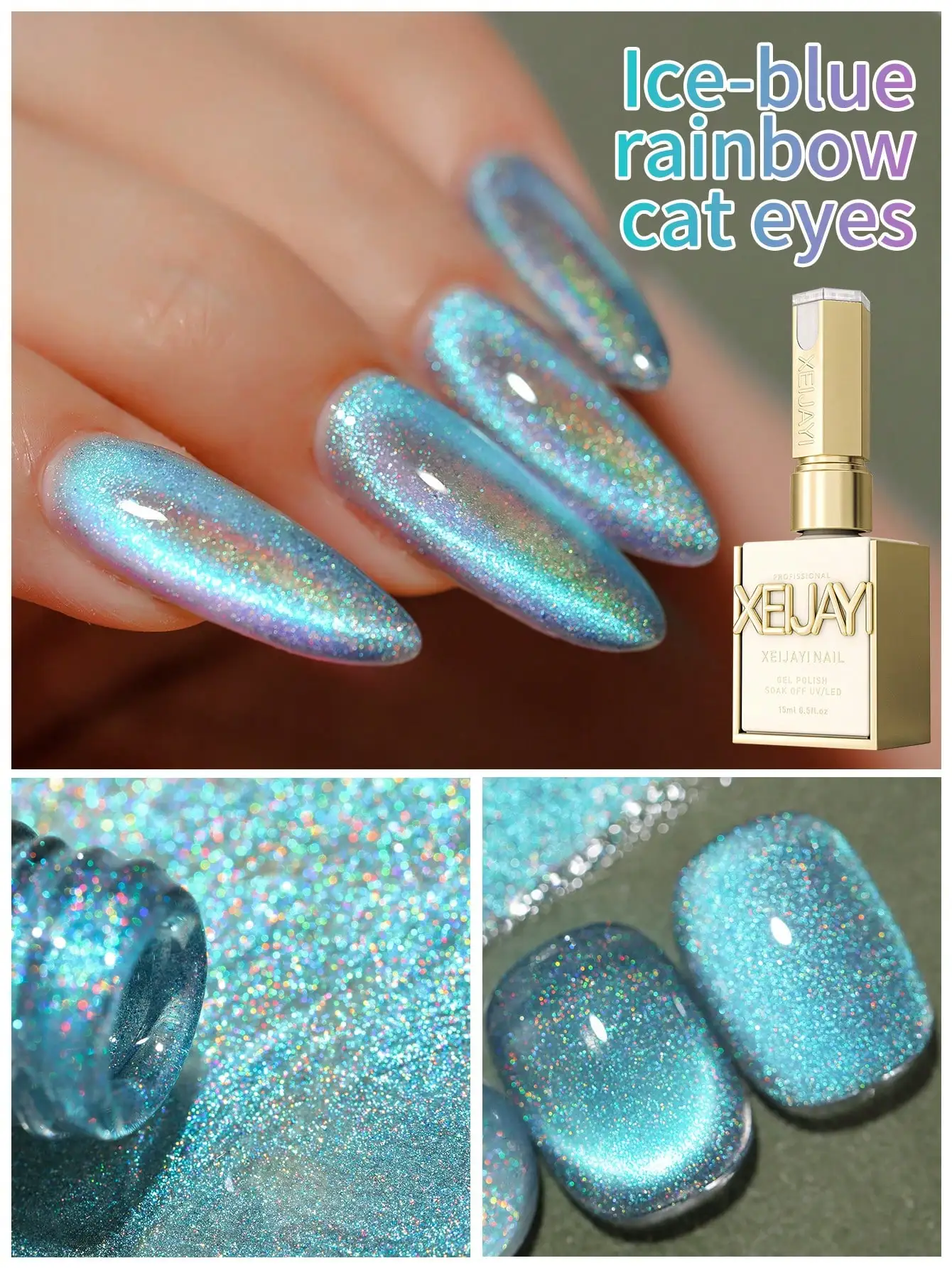 XEIJAYI 1 szt. Lakier do paznokci żelowy efekt kociego oka, brokatowy lakier z cekinami, usuwalny lakier UV, do zdobienia paznokci, odpowiedni do projektowania zdobień.