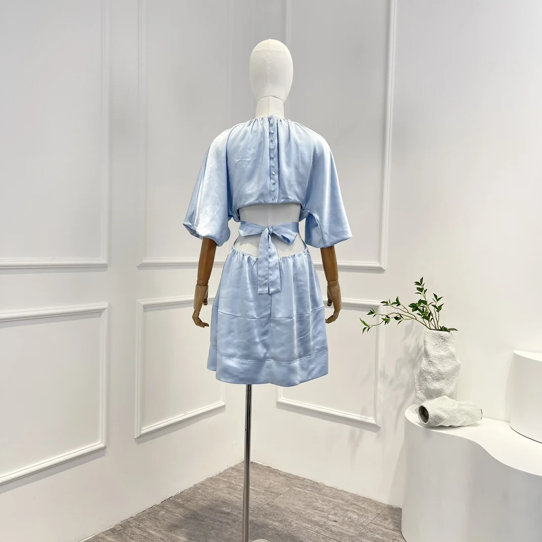 Top Quality New Collection Sky Blue White Black Elastic Waist Cut Out Half Lantern Sleeve Elegant Mini Dress for Women