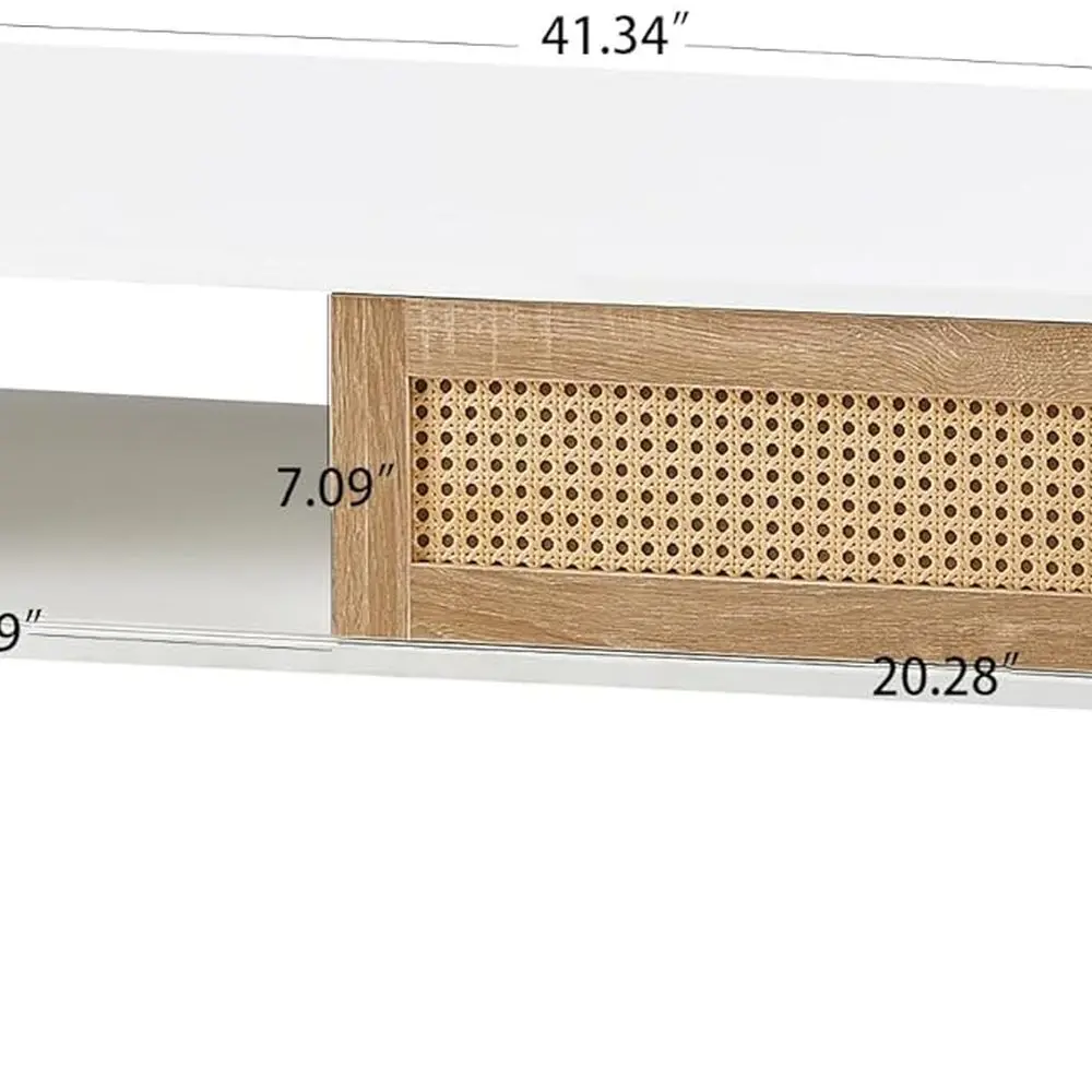 Modern White Rattan Storage Coffee Table with Wooden Sliding Door and Solid Legs for Living Room