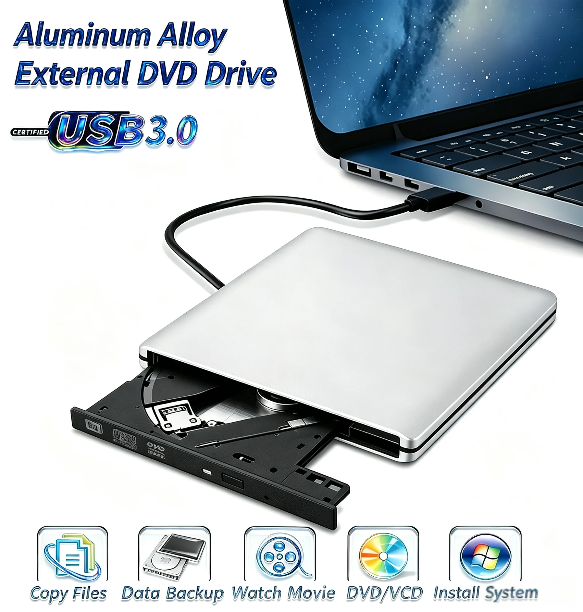 External Aluminum Alloy USB 3.0 Writer CD/DVD Burner Optical High-Quality Drive CD RW Reader For Laptop Desktop