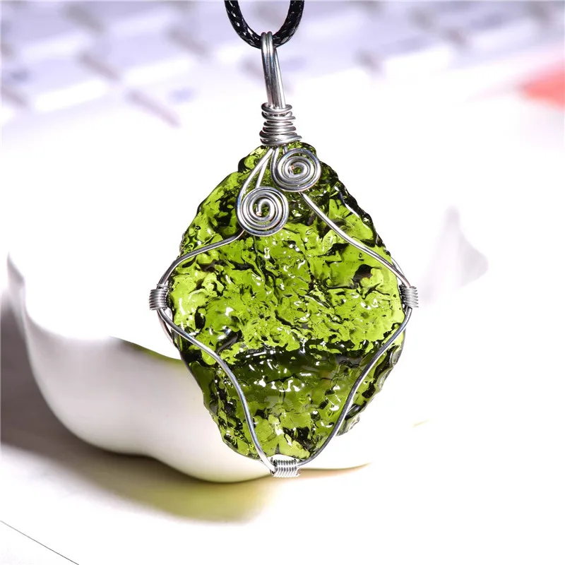 Green Moldavite Pendant Irregular Shape Czech Meteorite Raw Rough Crystal Energy Stone for Art Jewelry Making