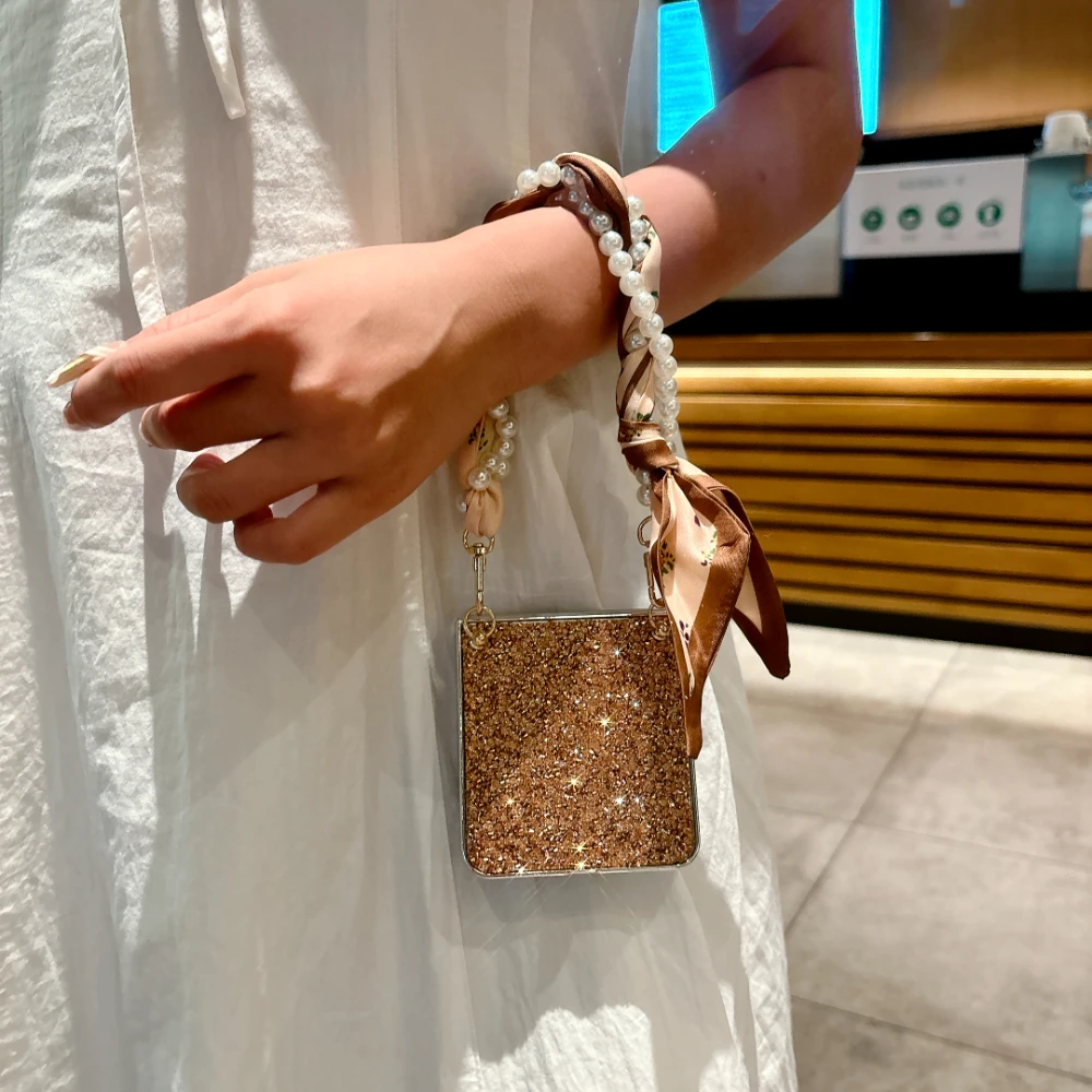 Luxury Glitter Diamond With Silk scarf Lanyard Phone Case For Samsung Galaxy Z Flip 7 6 5 4 FE Shockproof Protector Bumper Cover