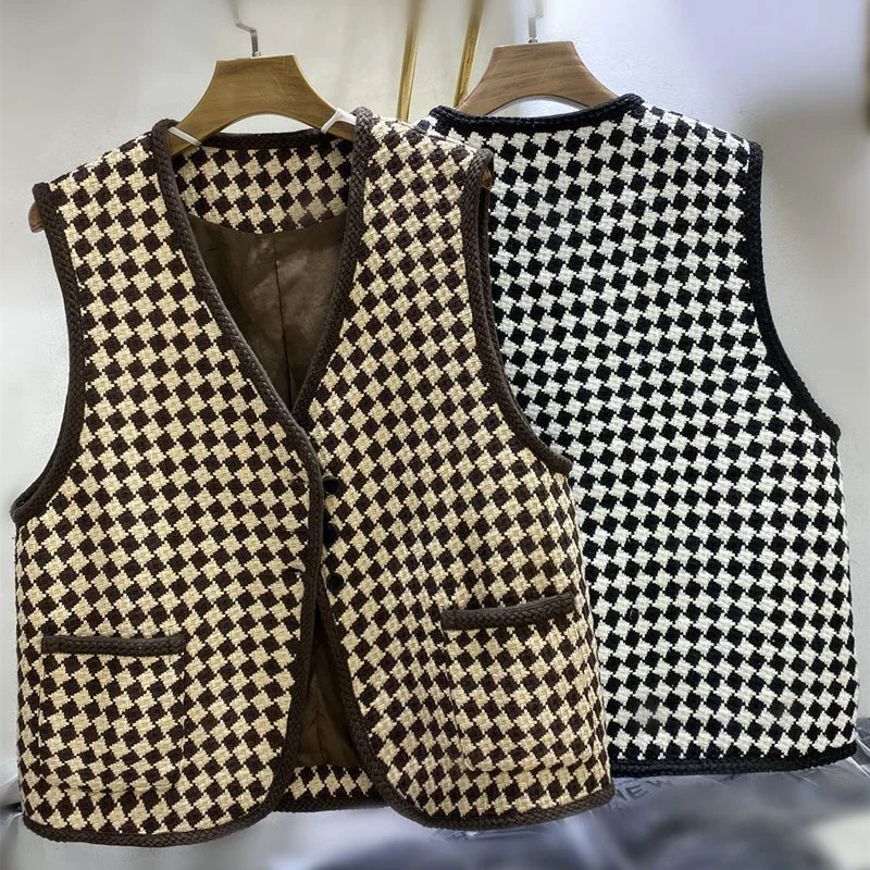 

Vest Jacket Women Add Velvet Retro Houndstooth Small Fragrance Sleeveless Coat Female Spring Autumn2024New Waistcoat Fashion Top