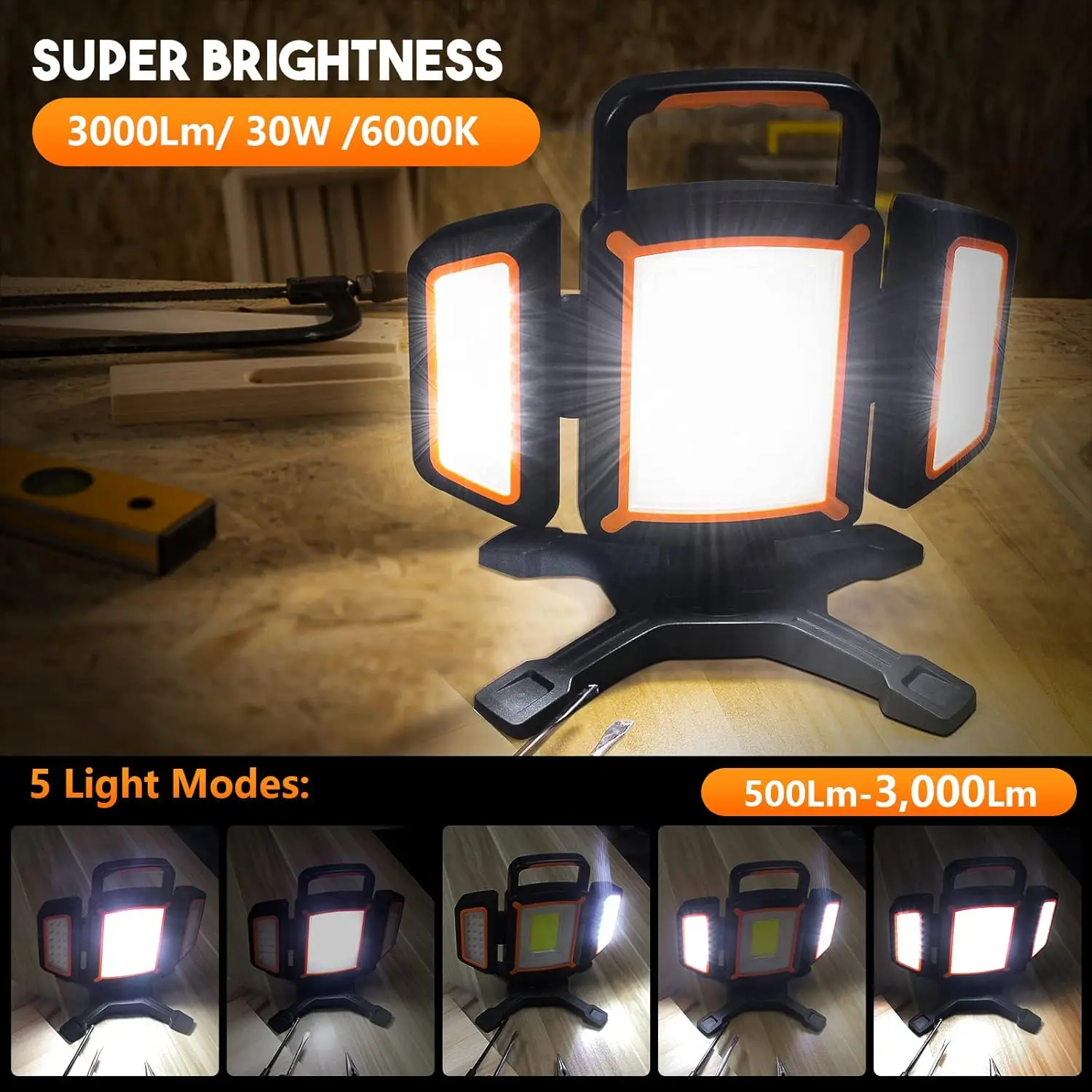 30W Rechargeable Work Light, 3000 Lumen Magnetic Work Light Battery Powered, Waterproof Portable Cordless Job Site Lighting for