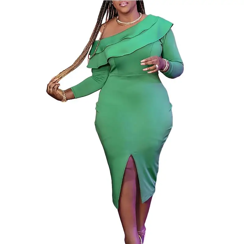 

African Party Evening Dresses for Women Spring African Long Sleeve Green Plus Size Bodycon Dress Dashiki Africa Clothing XL-5XL