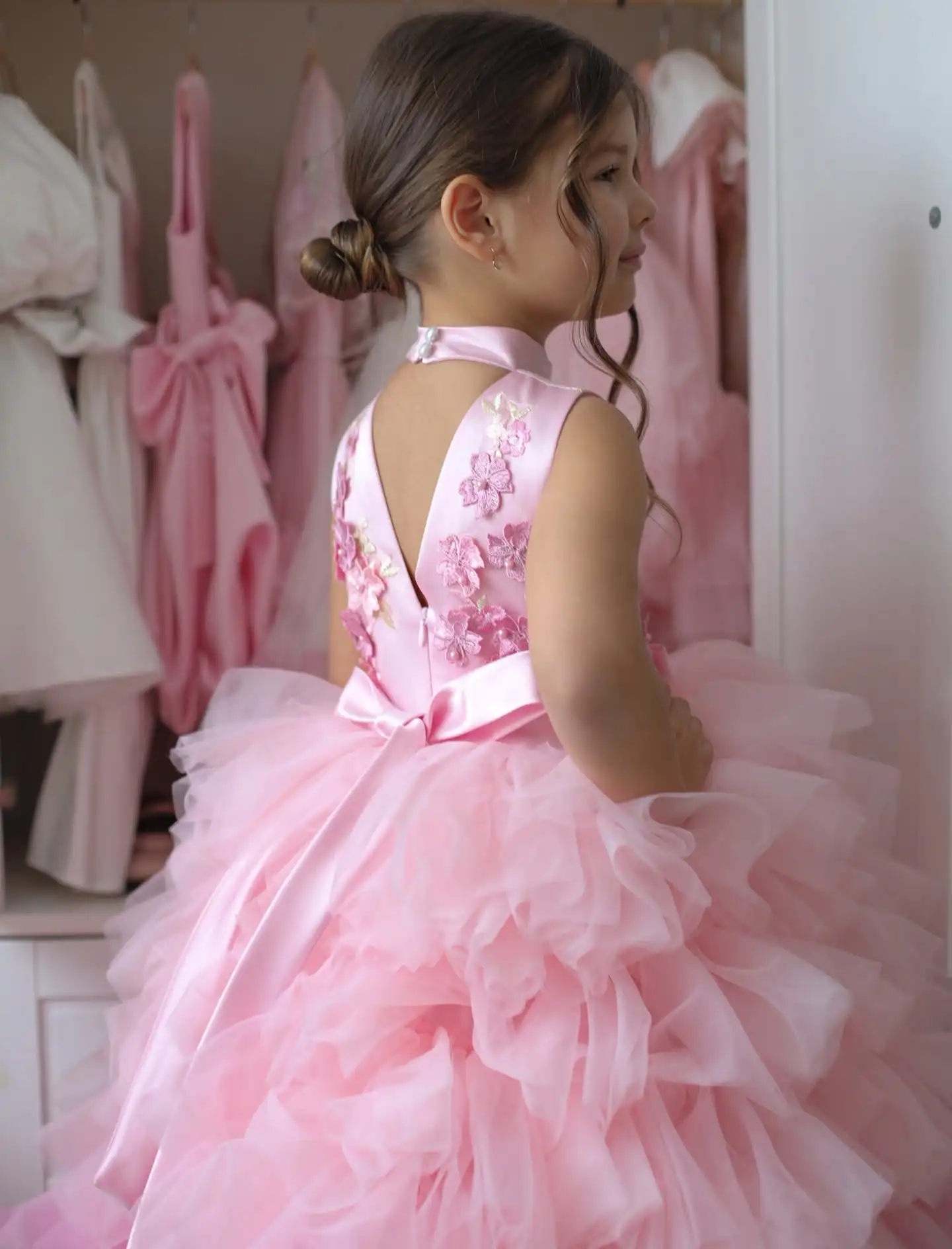 Luxury Pink Flower Girl Dresses Ball Gown Tiered Tulle Children Birthday Party Gowns Little Girls Infant Baby Dresses