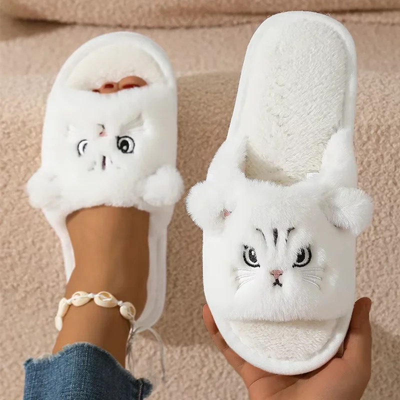 لطيف الكرتون القط نعال من القطن النساء 2025 الشتاء عدم الانزلاق مغلق تو النعال المنزل امرأة الدافئة أفخم كعب مسطح الطابق الأحذية