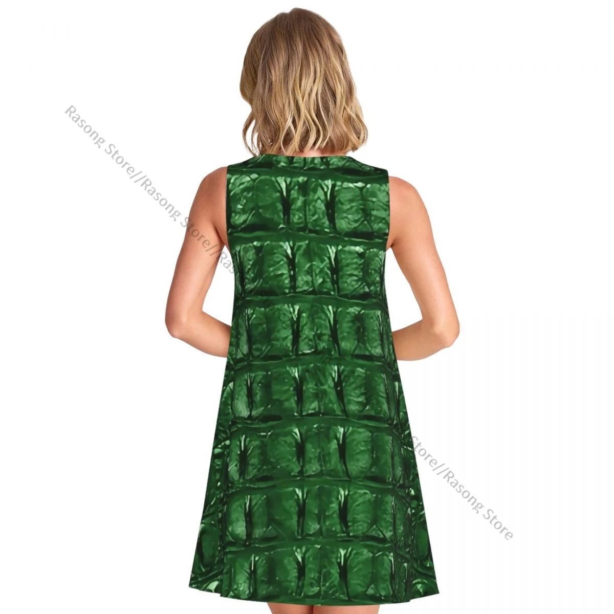Women's Dress Green Crocodile Skin Texture Summer Casual T Shirt Beach Cover up Tank Dress