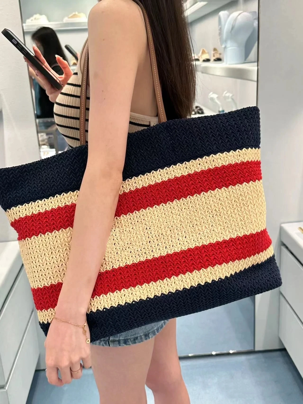 

Mixed Color Striped Tote Bag French Embroidery Shoulder Bag Vacation Plaited Raffia Straw Bag Large Capacity Beach Shopping Bag