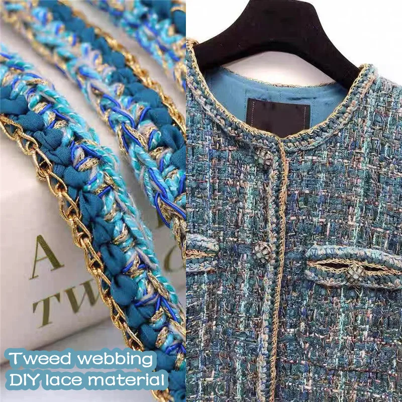 Fashion Peacock Blue Handmade Hook Lace Ribbon Diy Tweed Small Fragrant Coat Decorative Clothing Accessories De Costura One Yard