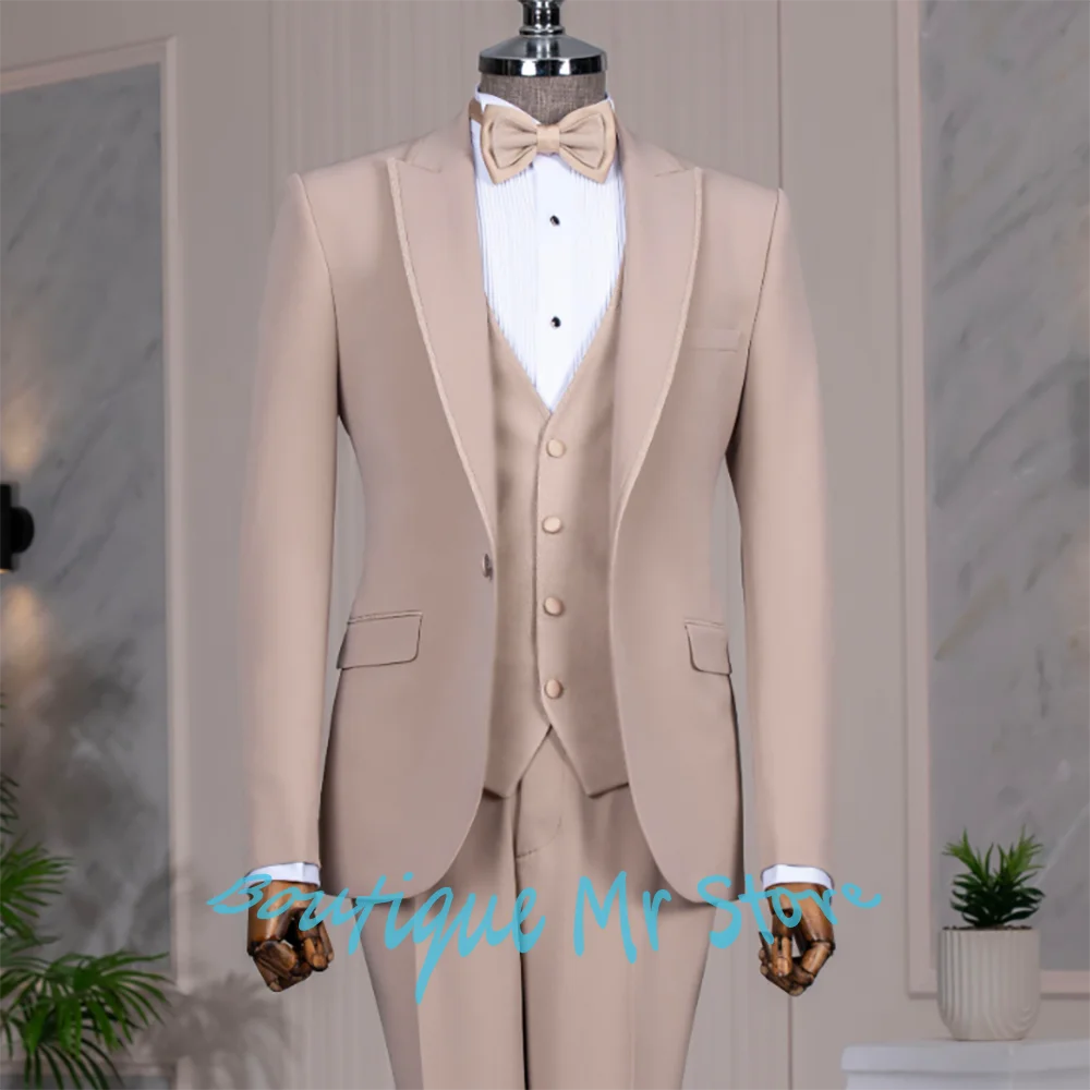 

Khaki Peak Lapel Tuxedo 3 Piece Elegant Men's Suit Jacket Vest Pants Formal Wedding Groom Attire Prom Dinner Party Costume Homme
