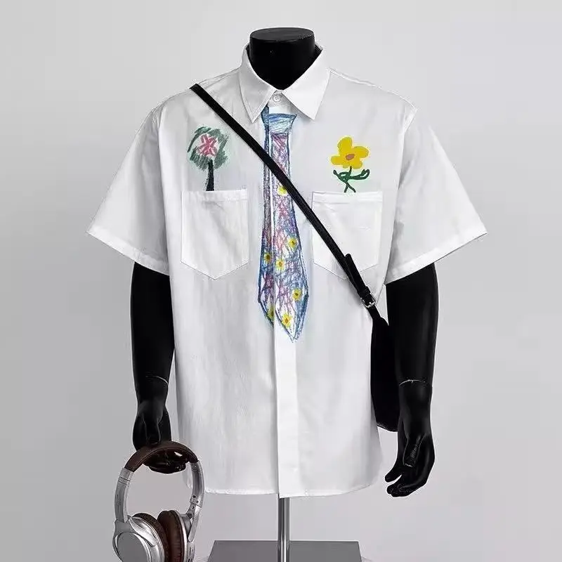 Graffiti Hand Drawn Tie Creativity Shirts Short Sleeve Men Loose Short Sleeve Casual Women High-end Blusas Couple Summer 2025