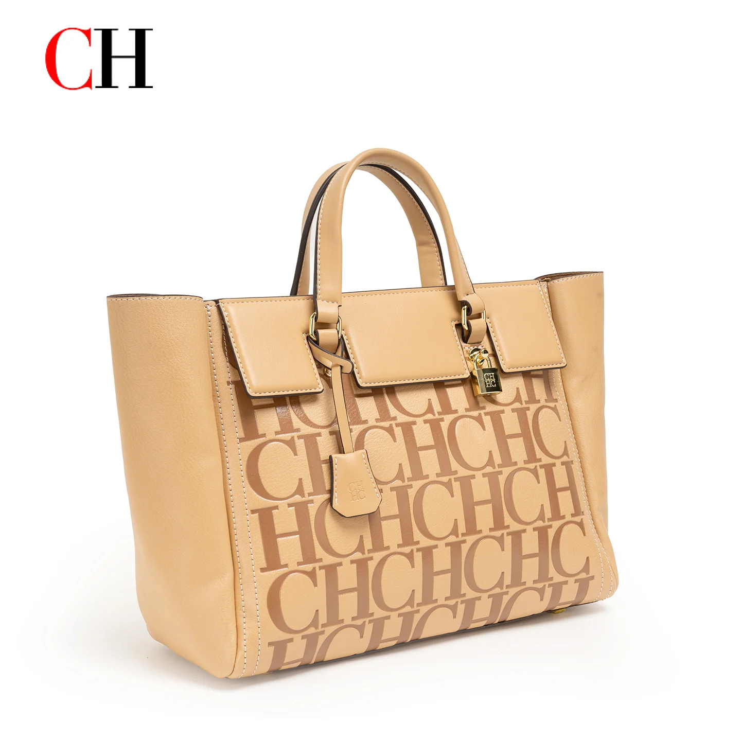 CH Women's Embossed Letter Tote Bag Large Capacity Top Handle Shoulder Handbag Fashion Accessories with Lock Charm view 3