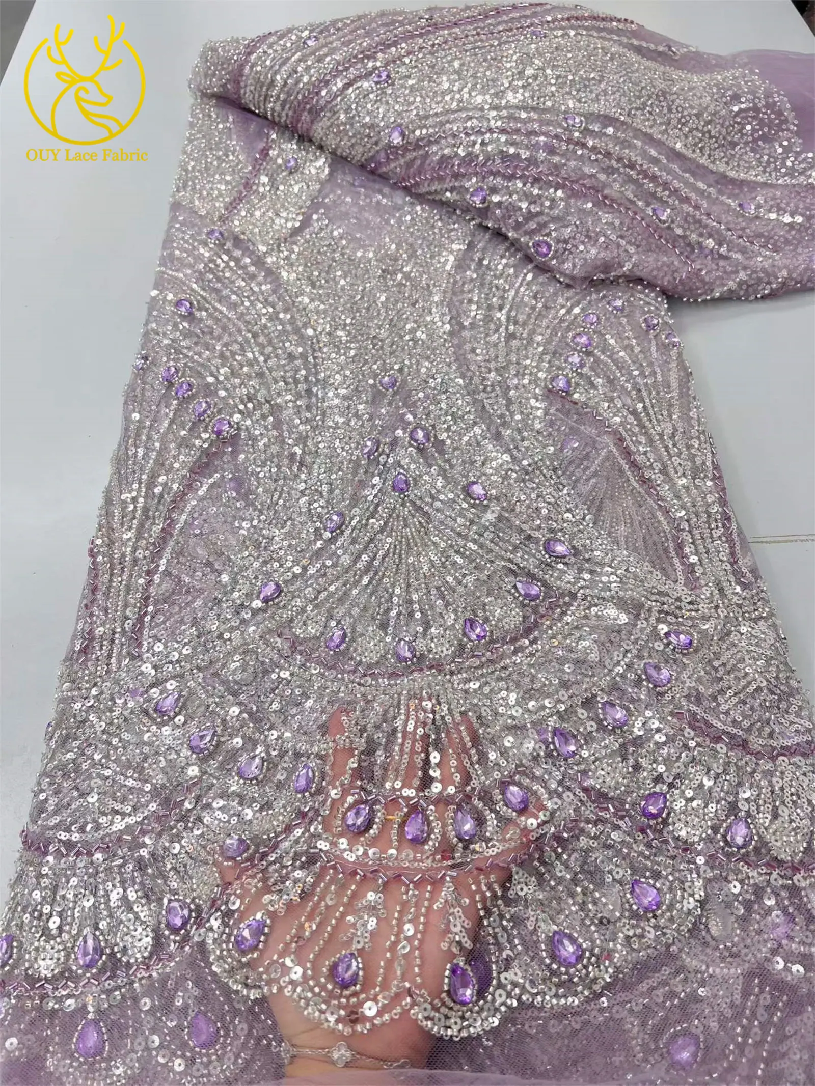 Neues Design Elegante französische nigerianische Diamant-Perlen-Spitze, rosa afrikanischer Pailletten-Netzstoff für Brautkleider zum Nähen – Detail 9