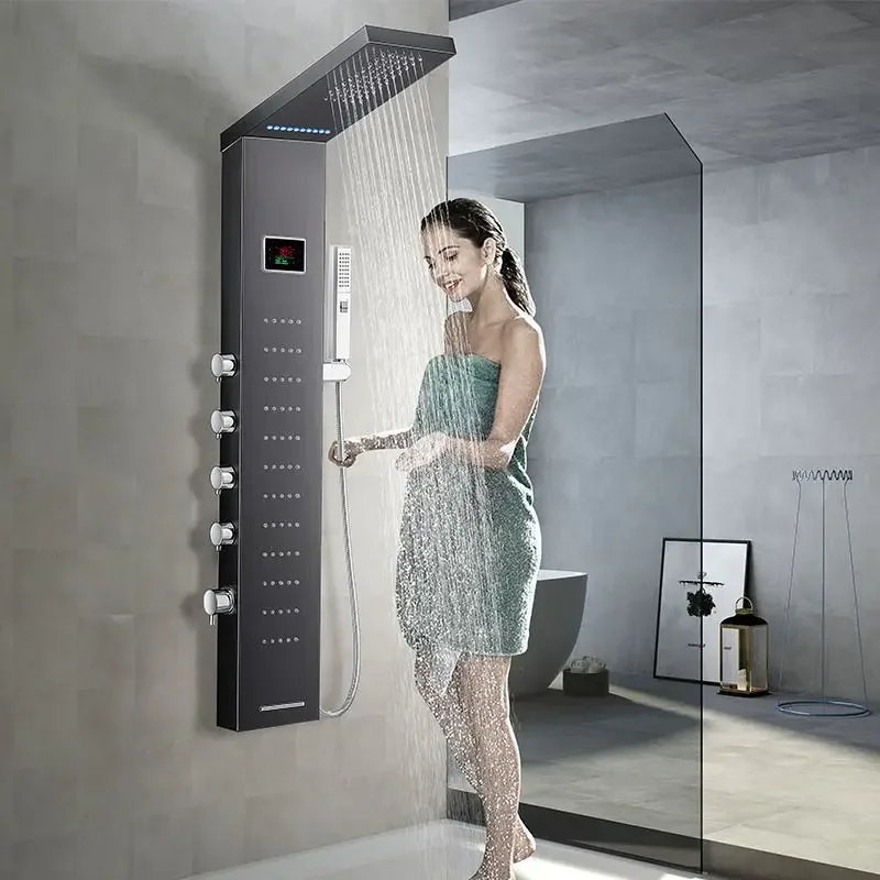 304 stainless steel shower screen, natural black  set, all copper faucet, bath column