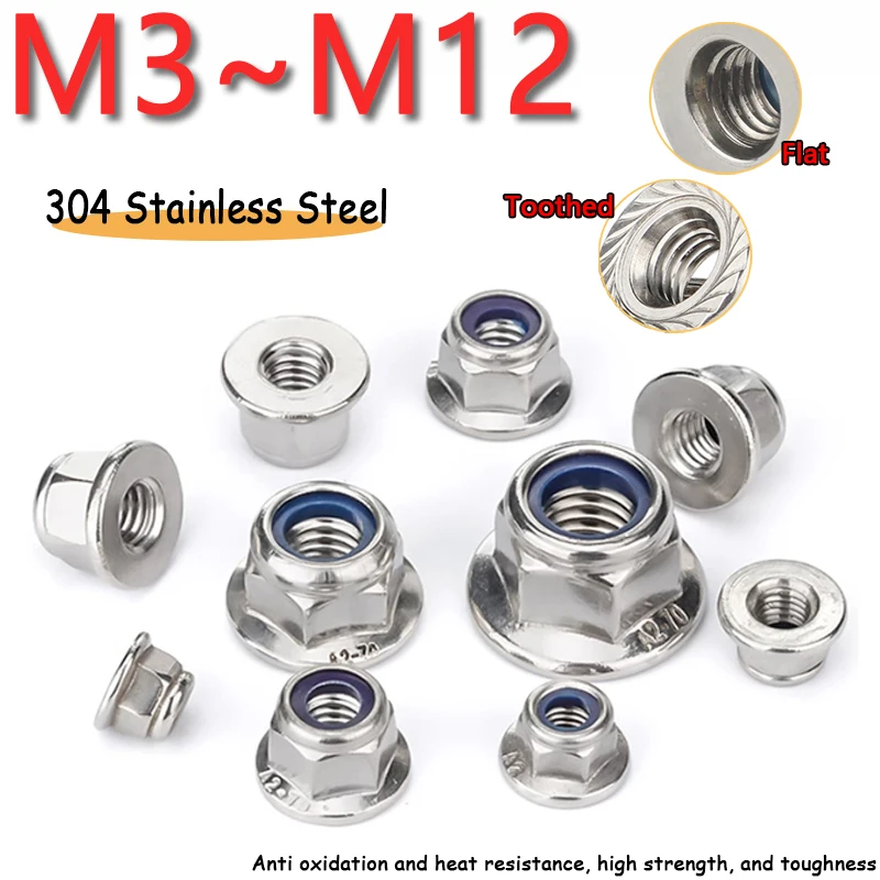 2~20pcs Hex Flange Nylon Self-locking Nut M3 M4 M5 M6 M8 M10 M12 304 Stainless Steel Flat/Serrated Hex Nylon Self Locking Nuts