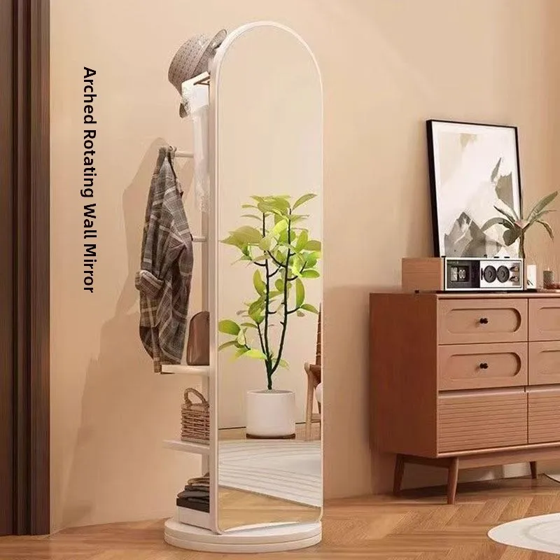 Full-Length Floor Mirror Rotatable Clothes Hanger Home Use Bedroom Dressing Mirror Living Room Wall Mounted Coat Rack