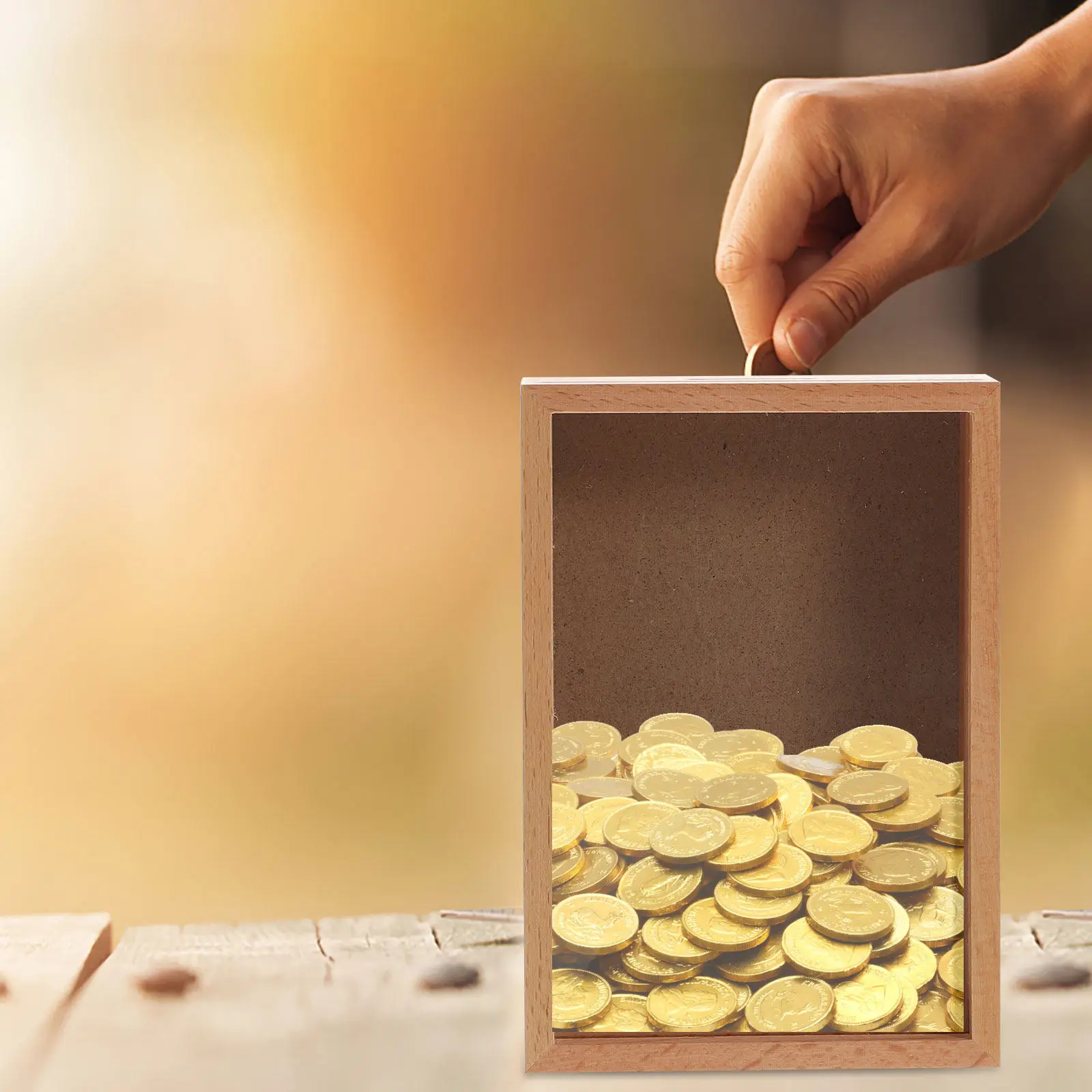 Clear Window Wooden Piggy Bank Multi Function Coin Storage Box Photo Frame Tip Jar Adult Money Saving Container Decorative